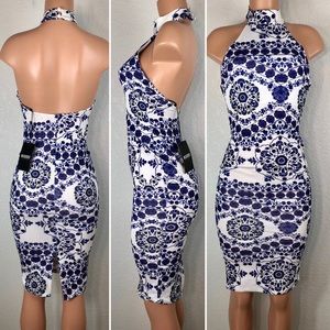 Missguided White and Navy Blue Halter Bodycon Midi Dress
